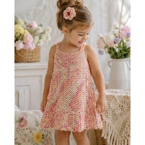 Handmade Crochet Toddler Dress 3-4T Pastel Spring Sundress w Flower Clip Ladybug